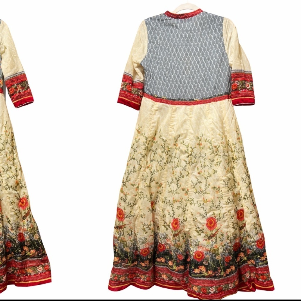 Biba Designer Anarkali Maxi Dress Boho Floral Print Cream Red Gold Sz M/34 - Picture 3 of 7